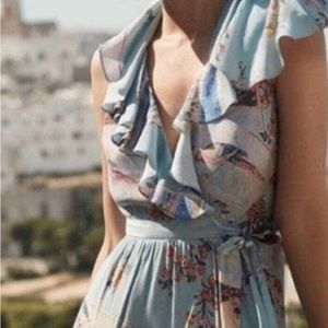 Anthropologie Maeve Postcard Print Ruffle Trim Faux Wrap Dress Size 16
